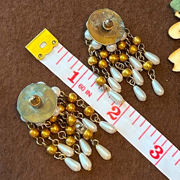 Vintage Pearl Long Dangle Cha Cha Cha Gold Earrings - Picture 6 of 7
